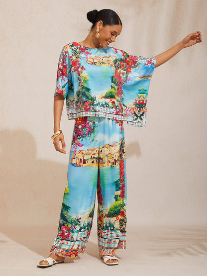 Boho-Paisley-Oberteil aus seidigem Satin mit Dolman-Ärmeln