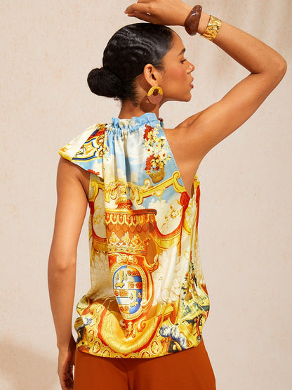 Hawaii Palm Silky Satin Floral Sleeveless Top