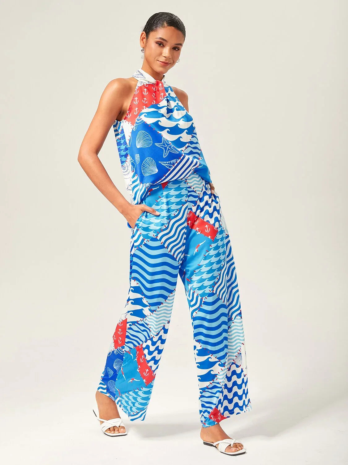 Satin Ocean-Inspired Geometric Print Set