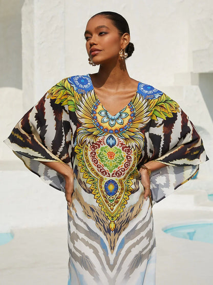 Mallorca Blossom Flowy Chiffon Dolman Sleeve Maxi Dress