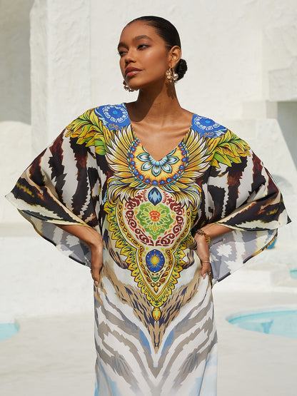 Hawaii Palm Flowy Chiffon Floral Maxi Dress