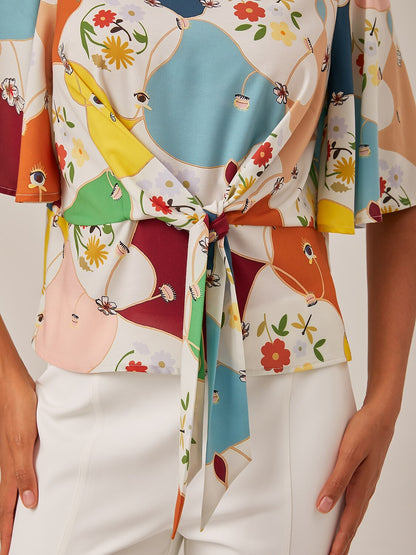 Geometric Floral Tie Front Top