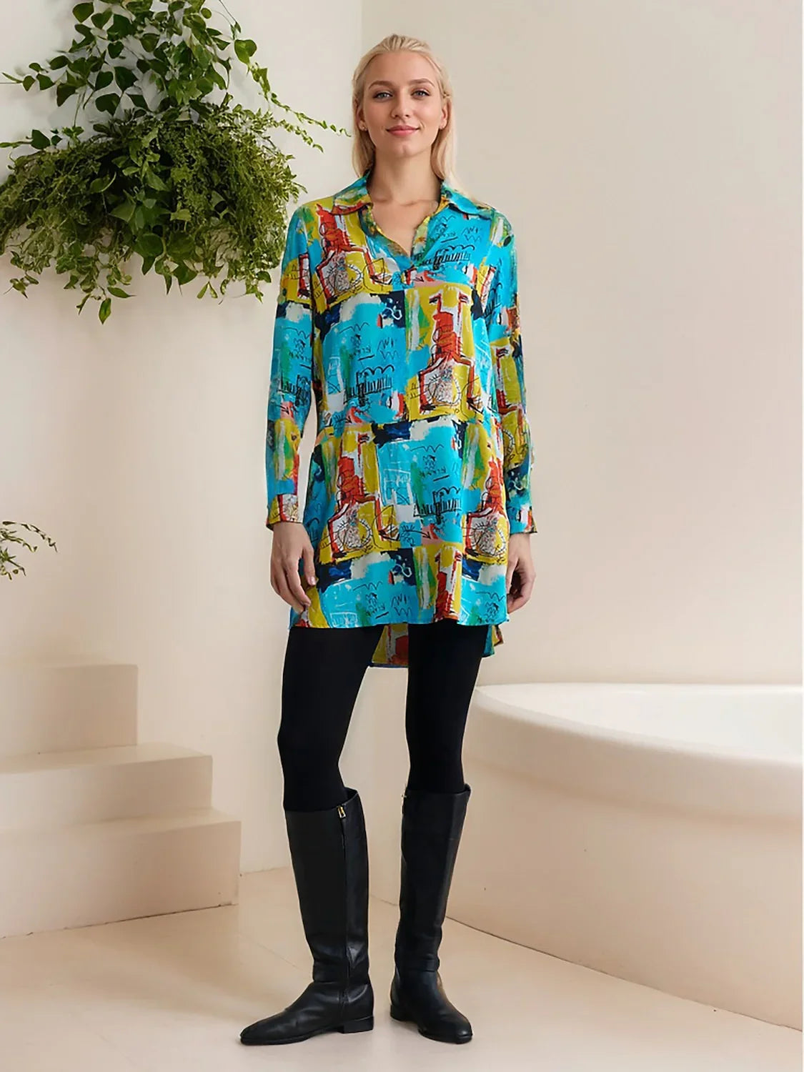 Rayon Graffiti Cuff Lapel Shirt Mini Dress