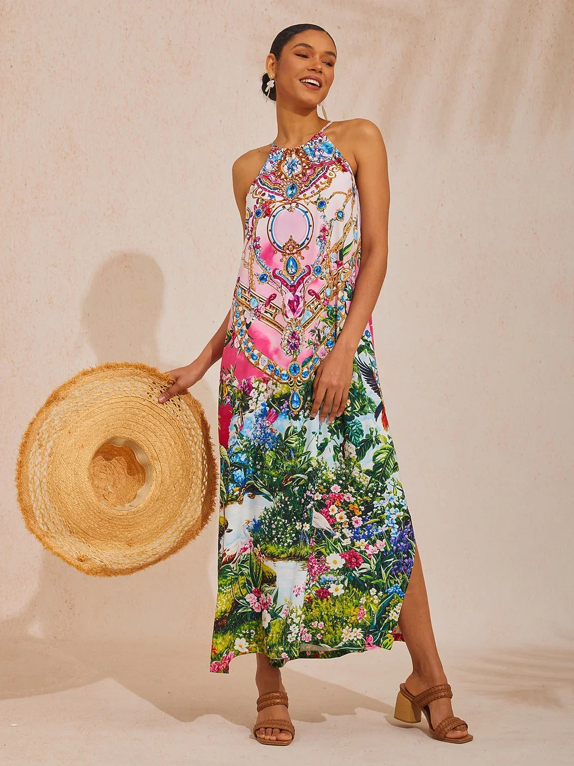 Jungle Party Silky Satin Diamond Maxi Dress