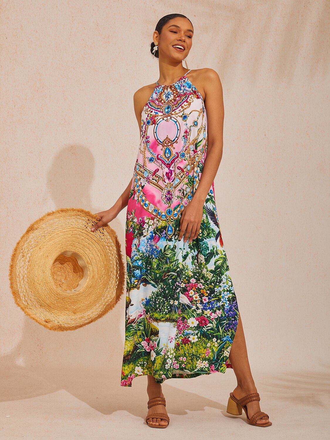 Land of Wonder Vacation Silky Satin Maxi Dress