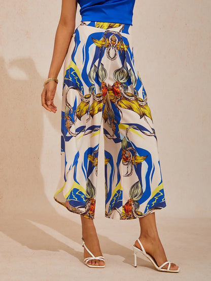 Ocean Blue Orchid Silky Satin Wide leg Pants