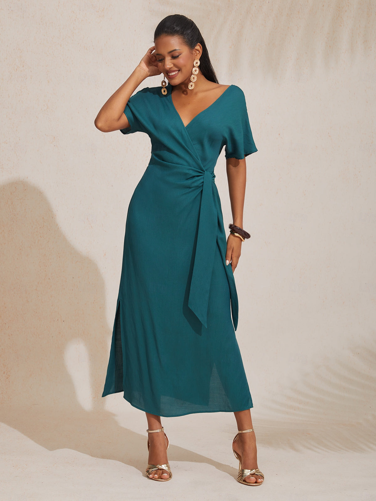 Robe mi-longue portefeuille froncée en Tencel et lin