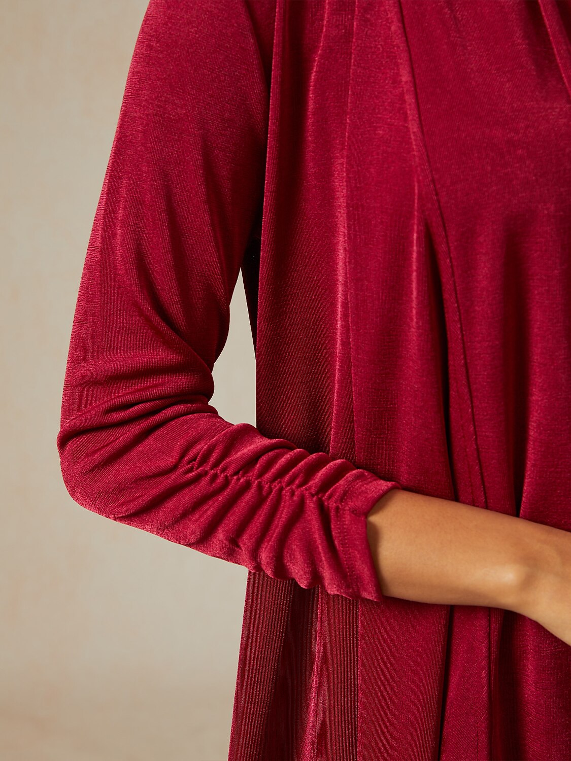 Acetate Look Stretch Knit Ruched Sleeve Jacket
