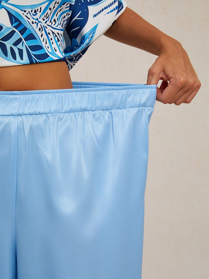Silky Satin Blue Elastic Waist Wide Leg Pants