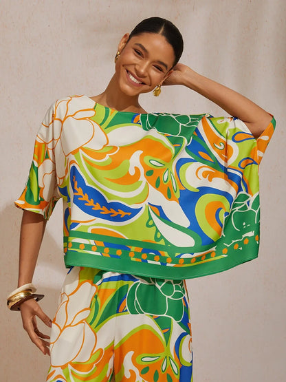 Summer Night Palm Silky Satin Dolman Sleeve Top