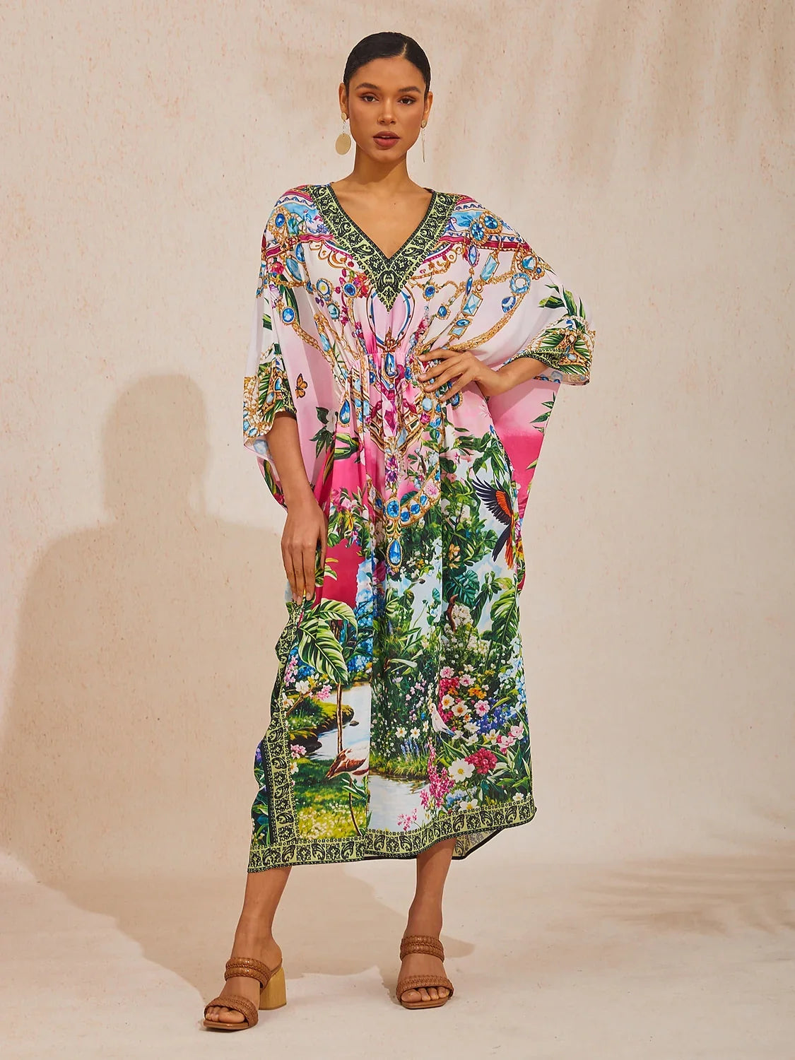 Pink Jungle Party Flowy Chiffon Diamond Kaftan