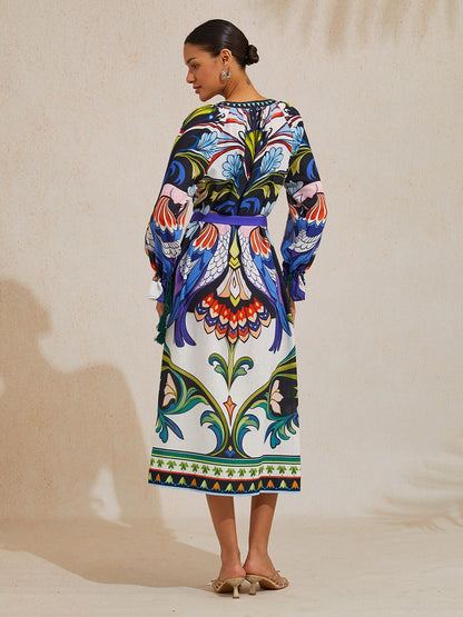 Bird Flower Linen Look Maxi Dress