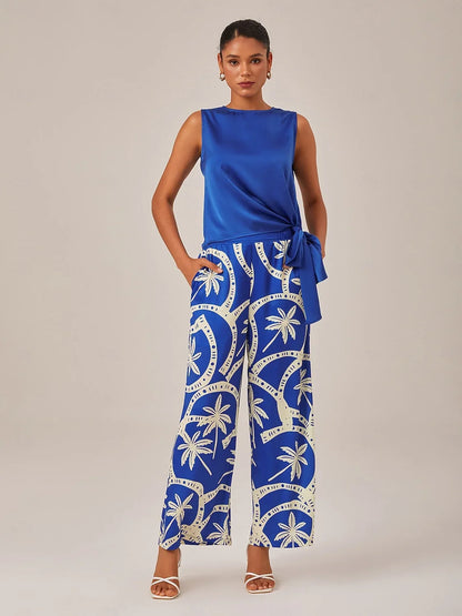 Elastic Waist Geometric Print Wide Leg Pants