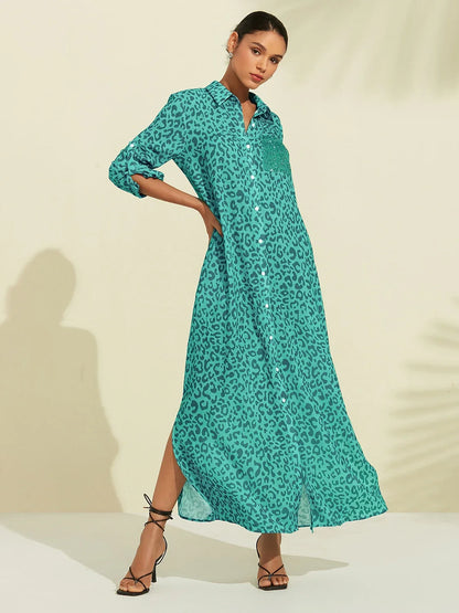 Roll up Sequin Collar Leopard Print Shirt Maxi Dress