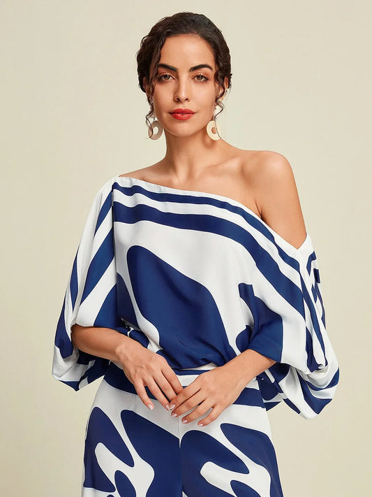 Satin Abstract Puff Sleeve Bateau Blouse