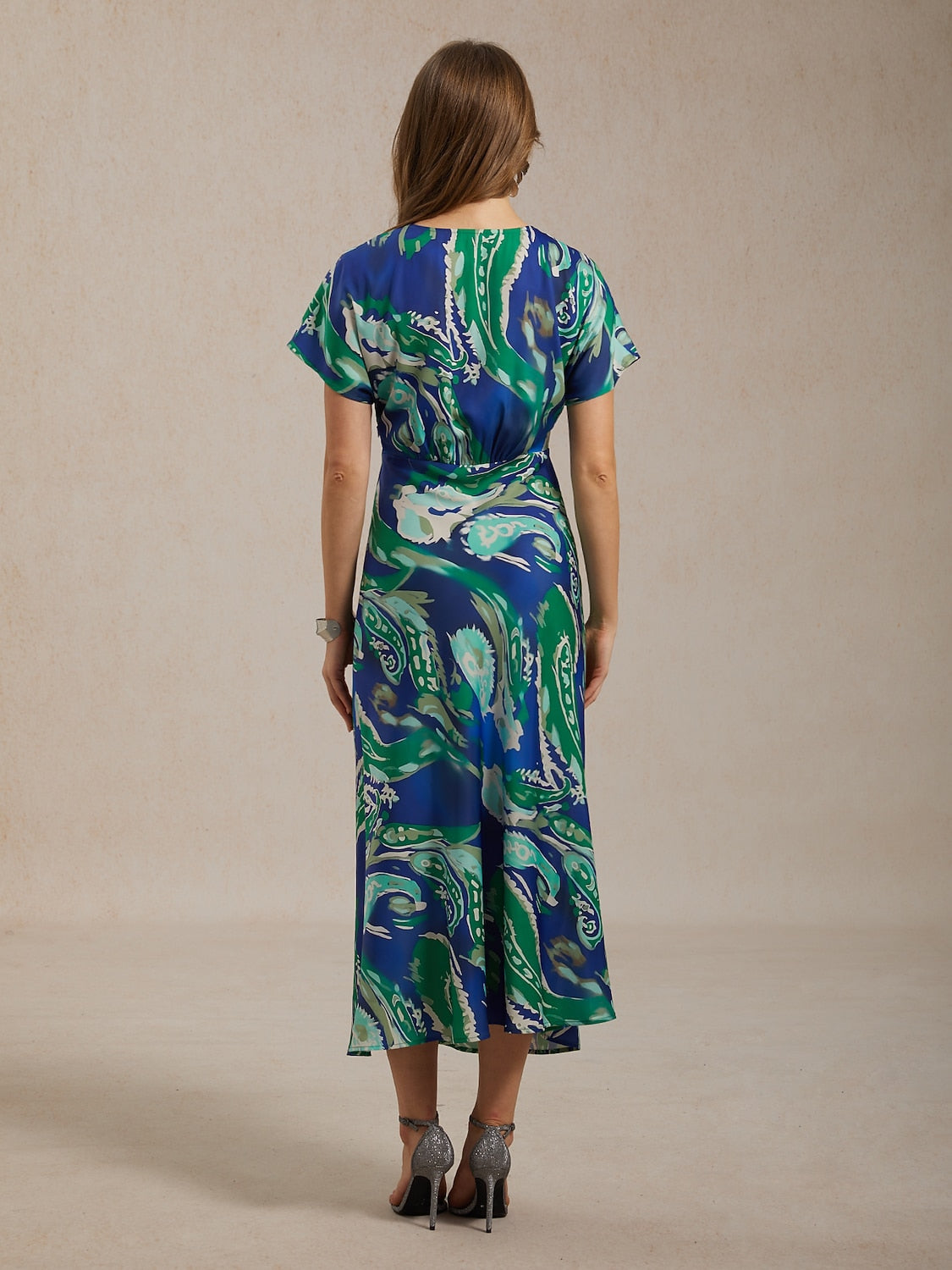 Vacation Satin Green Paisley Print Maxi Dress