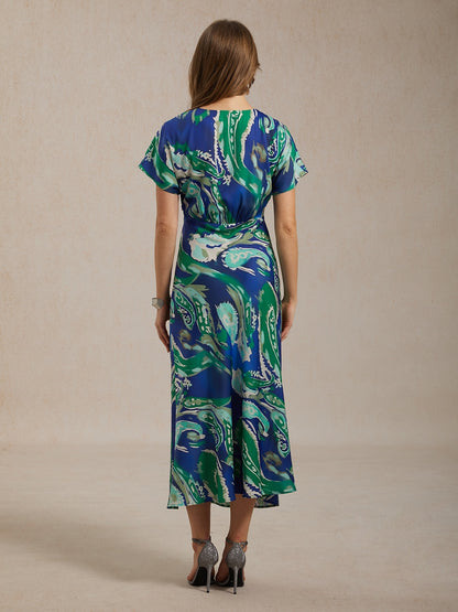 Vacation Satin Green Paisley Print Maxi Dress