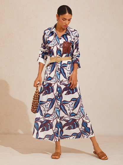 Cobalt Flora Reverie Linen Look Shirt Dress