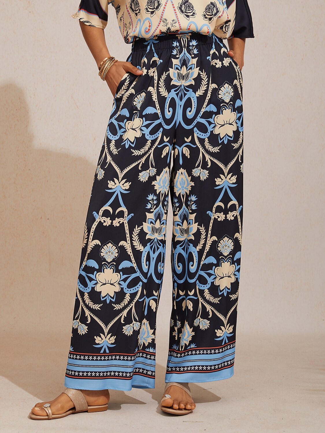 Azure Leaves Silky Satin Wide Leg Pants