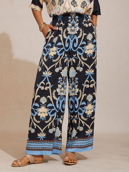 Emerald Rose Garden Silky Satin Straight Pants