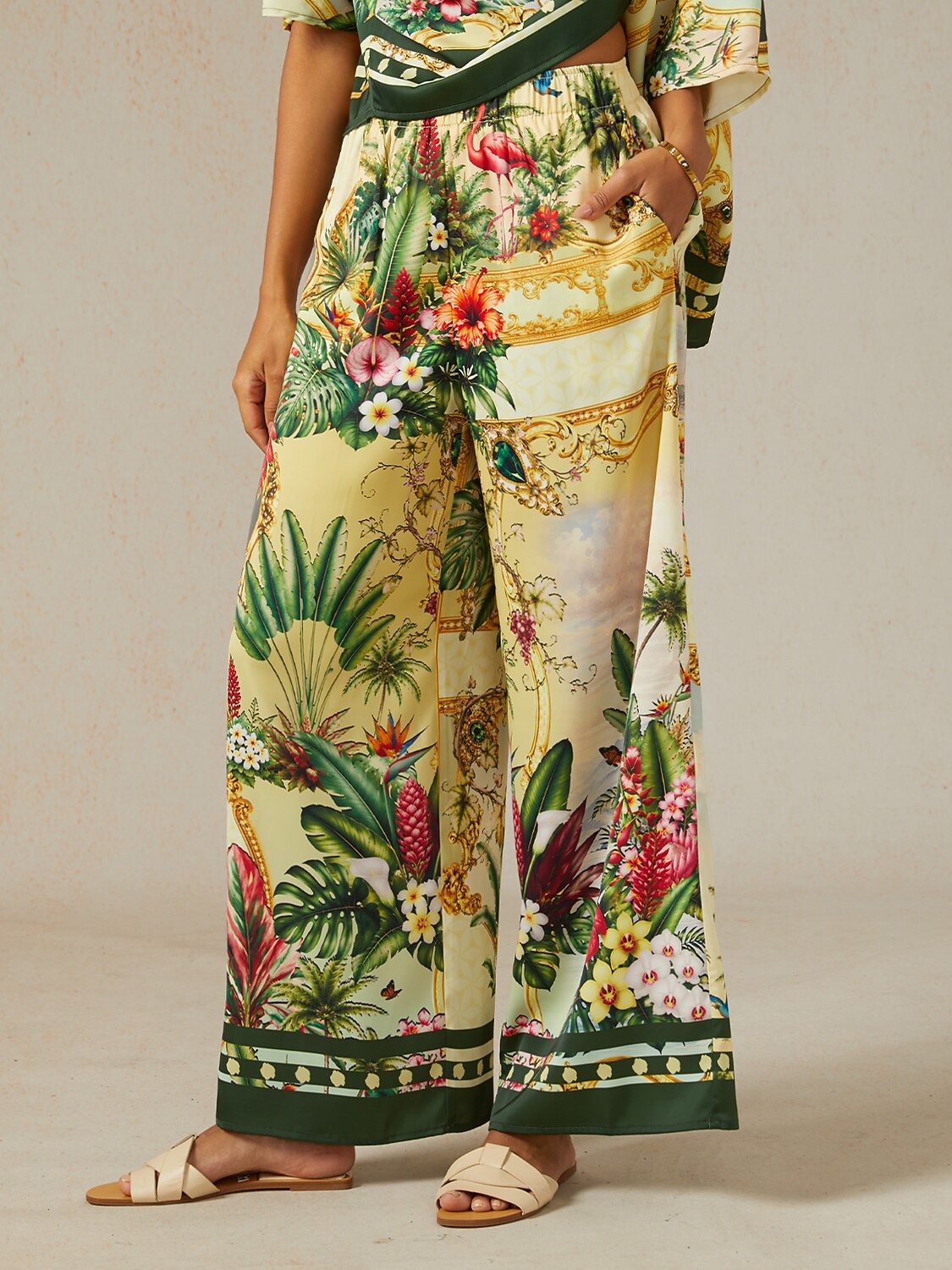Verdant Garden Muse Silky Satin Wide Leg Pants