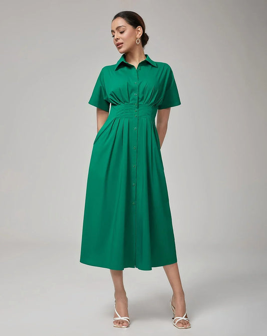 Green Cotton Pleated Waist Shirt Collar Dress