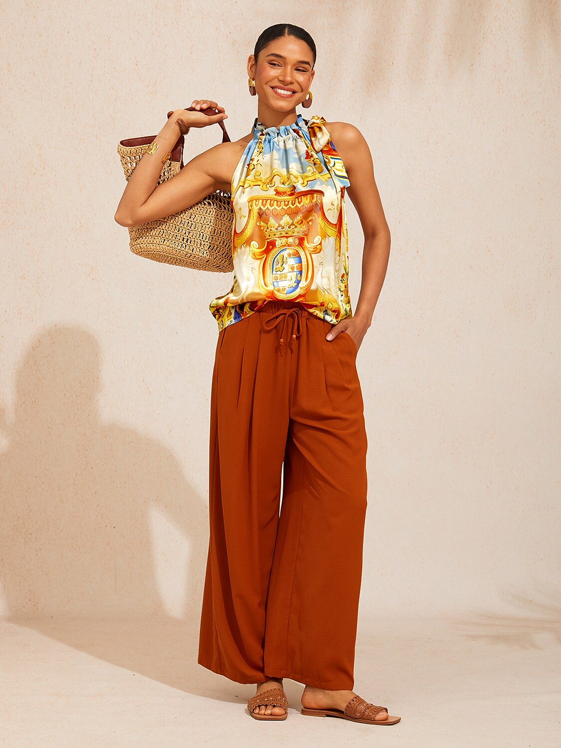 Vacation Elastic Drawstring Wide Leg Pants