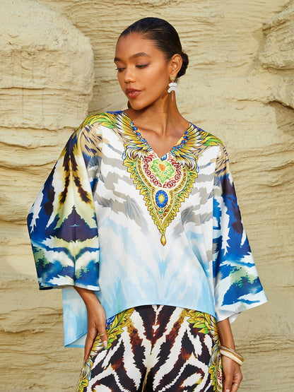 Indigo Tigress Silky Satin  Vacation Batwing Top