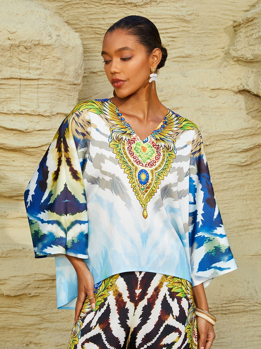 Gradient Tiger Silky Satin Vacation Batwing Top