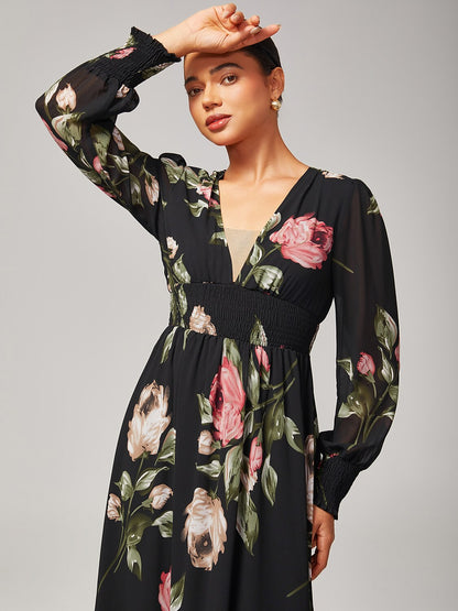 Floral Print Flowy Chiffon Maxi Dress