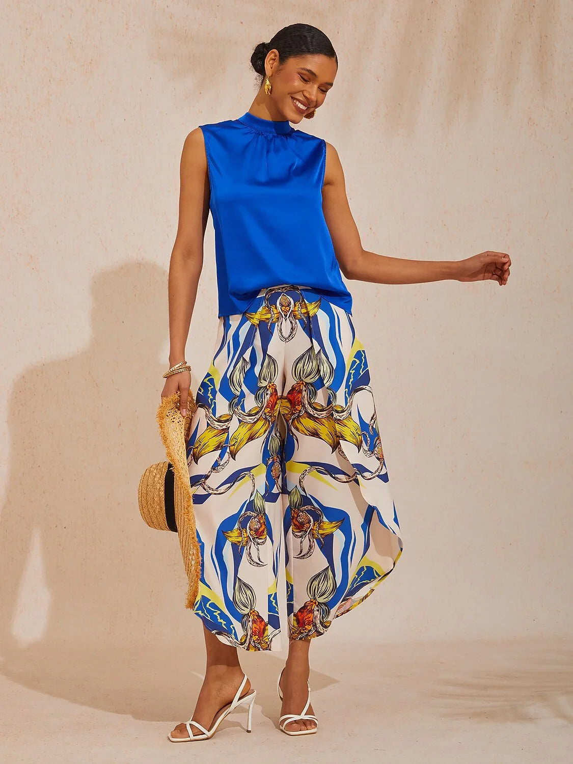 Ocean Blue Orchid Silky Satin Stand Collar Top
