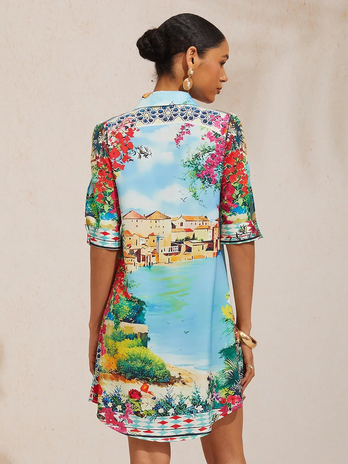 Mallorca Blossom Silky Satin Straight Shirt Dress