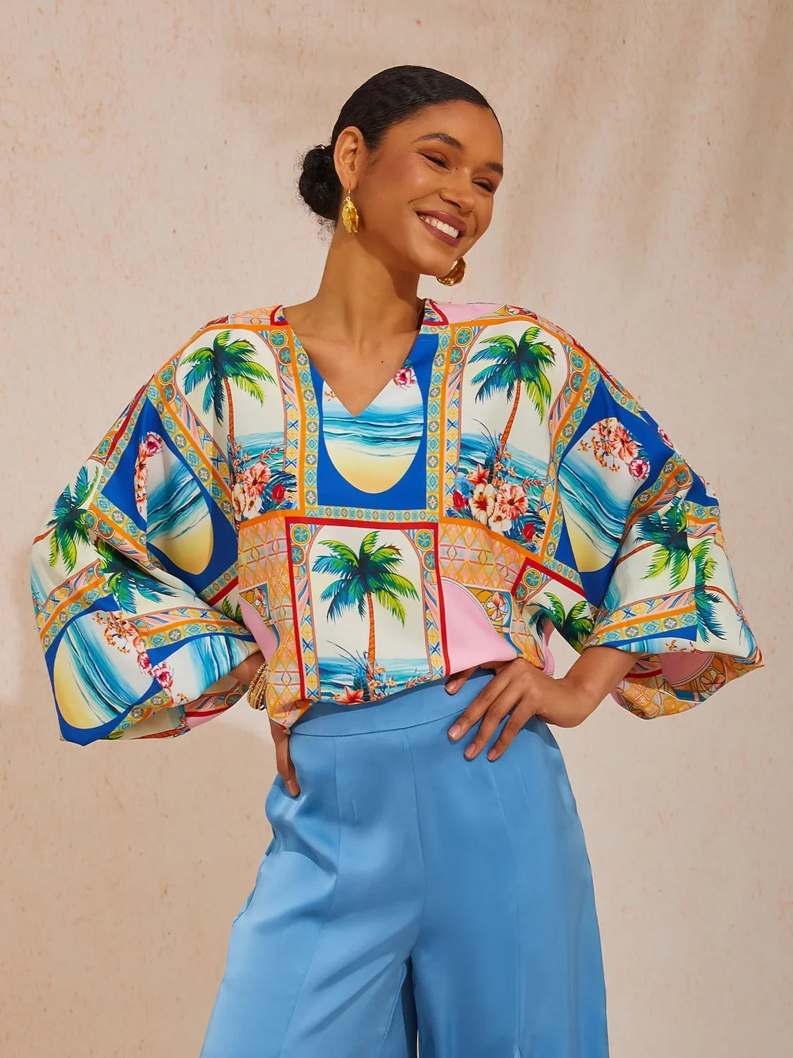 Summer Escape Geometric Dolman Sleeve Satin Top