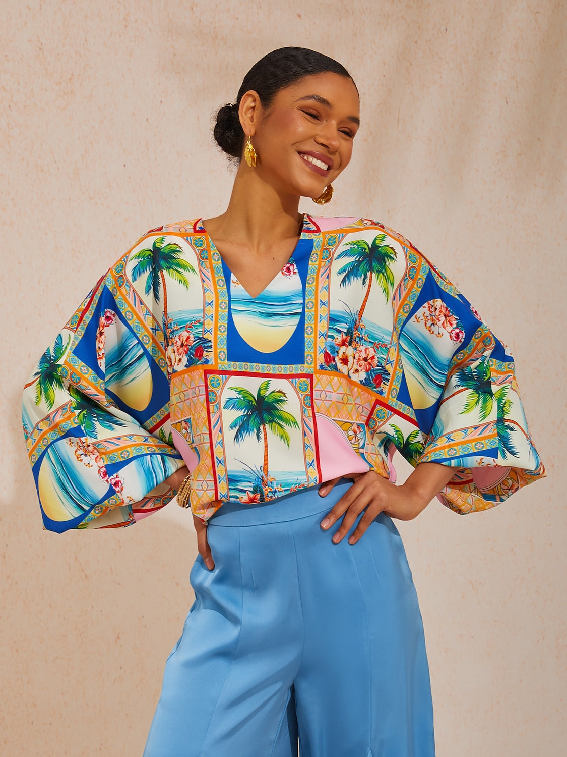Summer Escape Geometric  Dolman Sleeve Satin Top