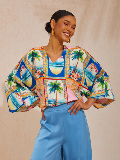 Summer Escape Geometric  Dolman Sleeve Satin Top