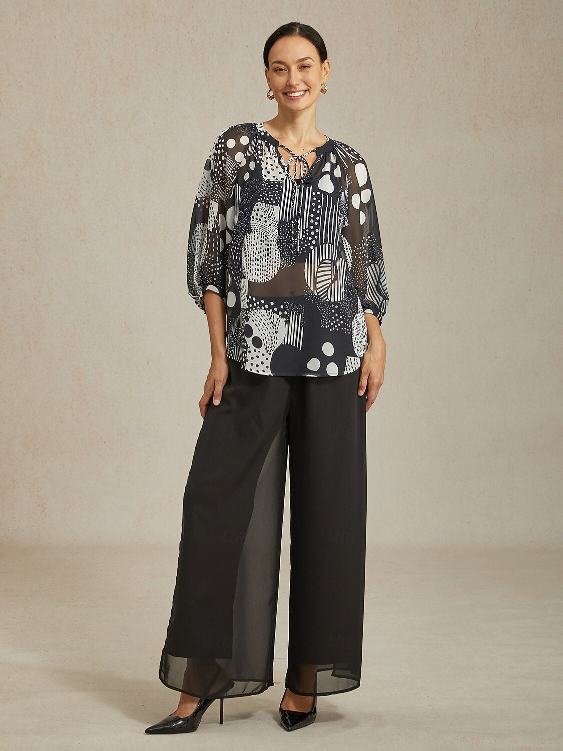 Abstract Print Puff Sleeve V-Neck Chiffon Blouse