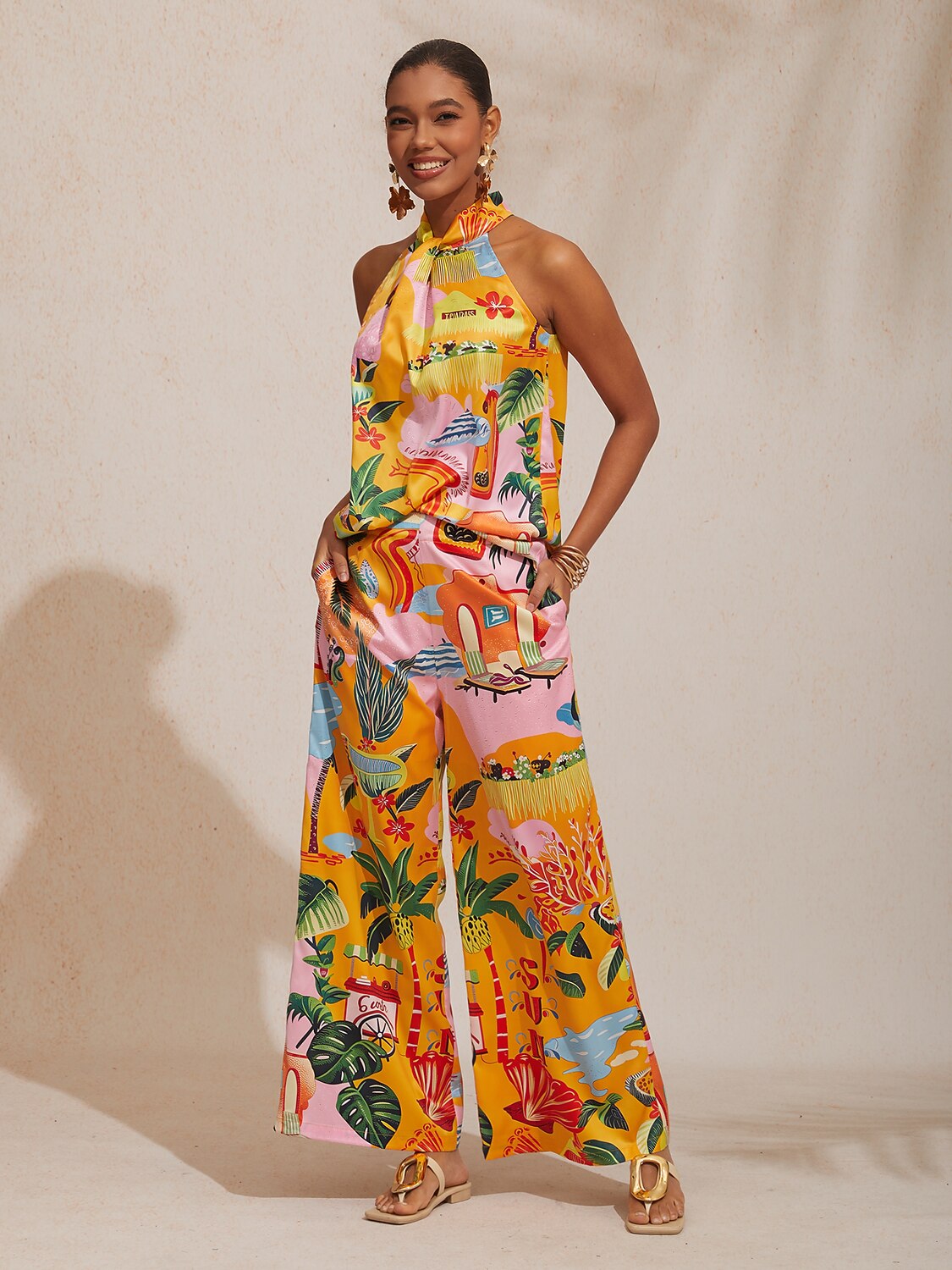 Abstract Art Silky Satin Halter Sleeveless Top
