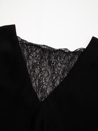 Solid Color Batwing Sleeve Lace Patchwork Satin Blouse