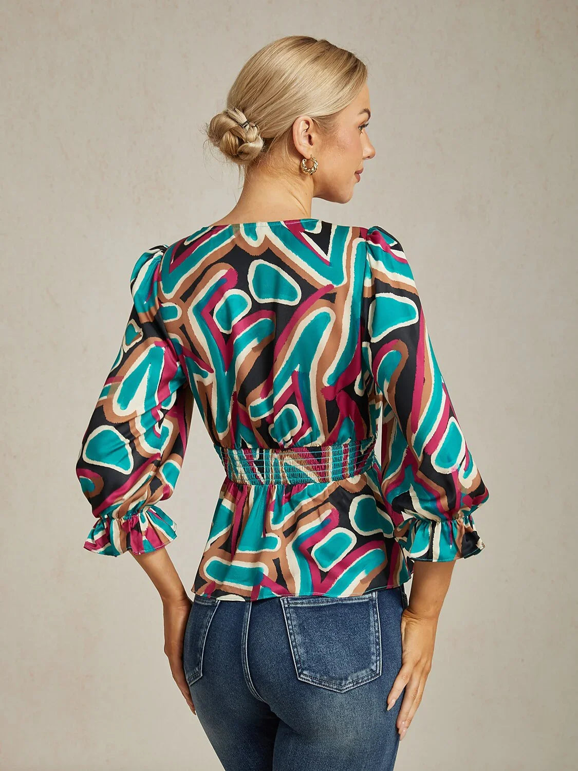 Colorful Abstract Print Cinched Waist Satin Top