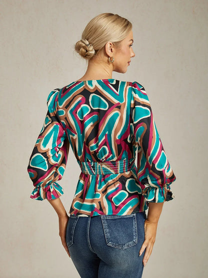 Colorful Abstract Print Cinched Waist Satin Top