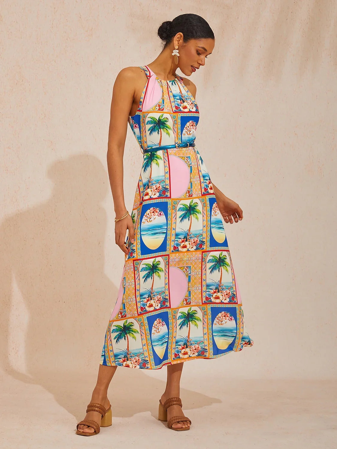 Summer Escape Geometric Waist-cinching Satin Maxi Dress