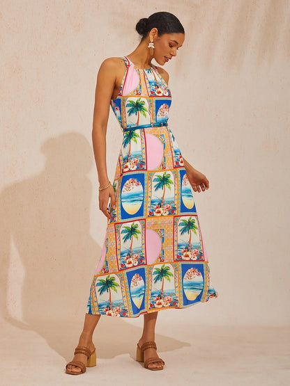 Summer Escape Geometric Waist-cinching Satin Maxi Dress