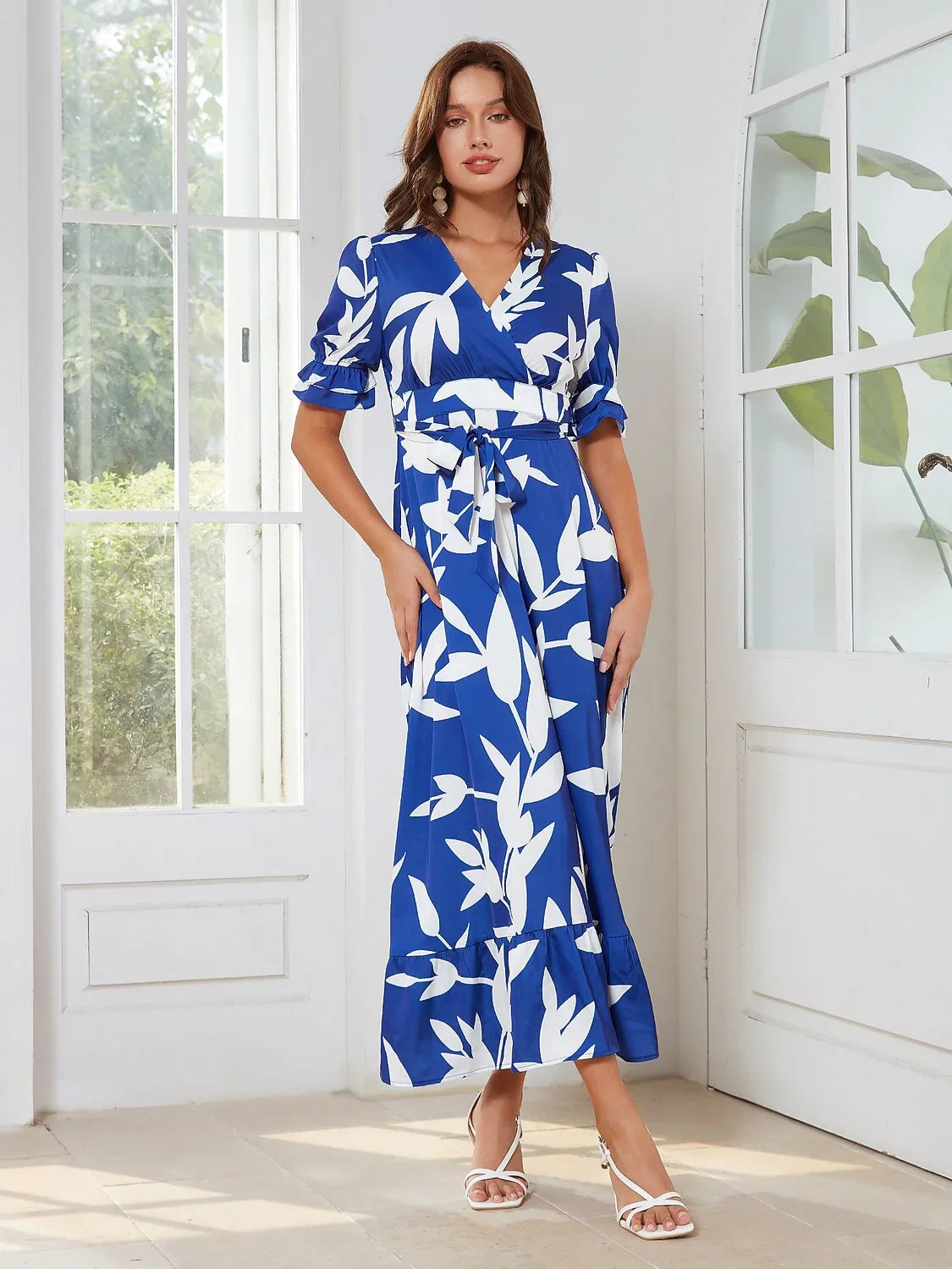 Satin Floral Puff Sleeve Maxi Dress