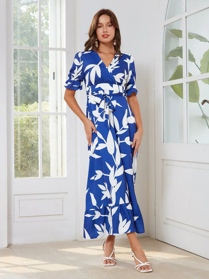Satin Floral Puff Sleeve Maxi Dress