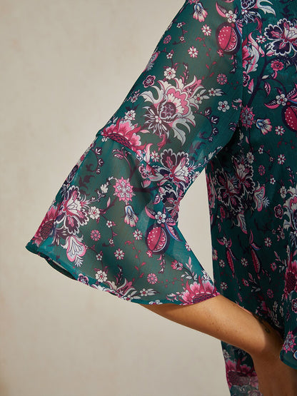 Floral Print Sheer Flowy Chiffon Blouse