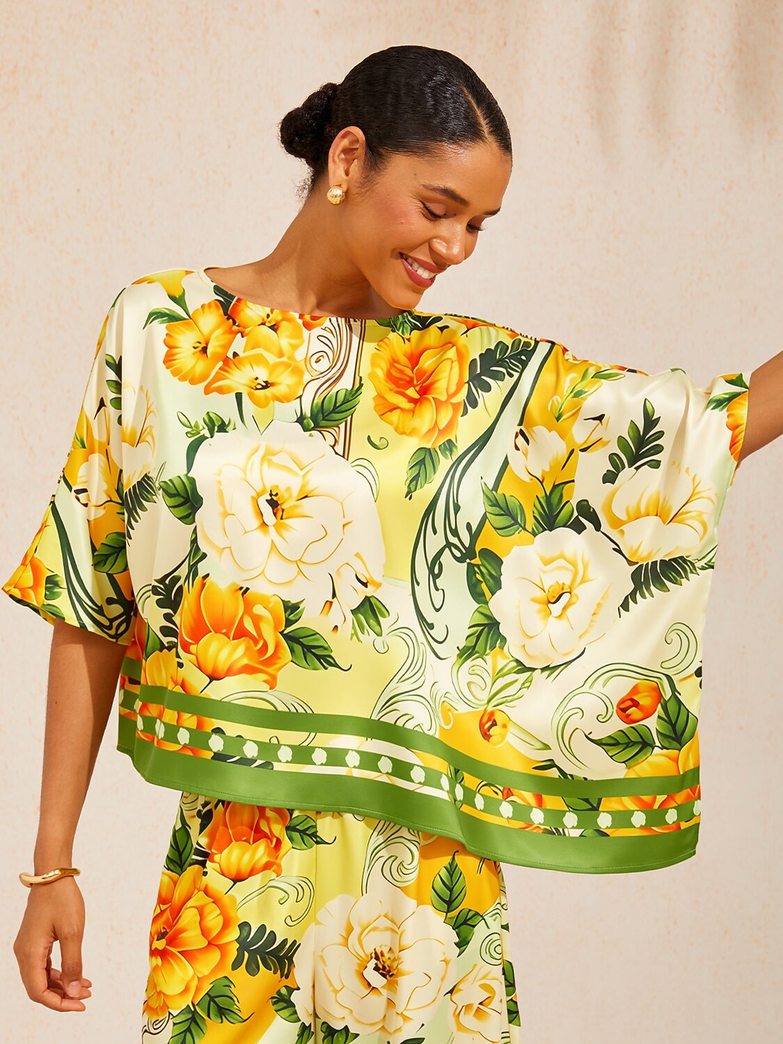 Golden Bloom Silky Satin Batwing Top