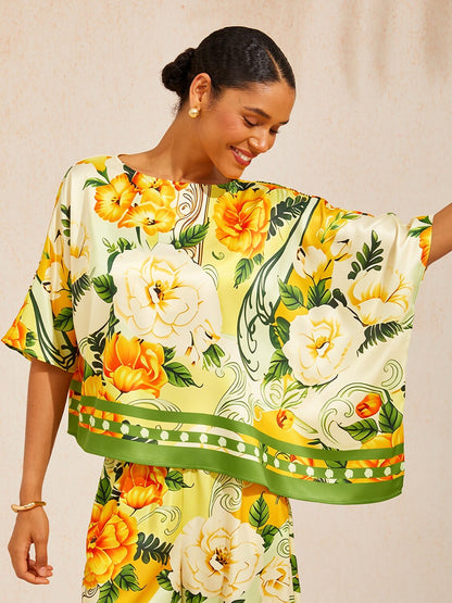 Golden Bloom Silky Satin Batwing Top