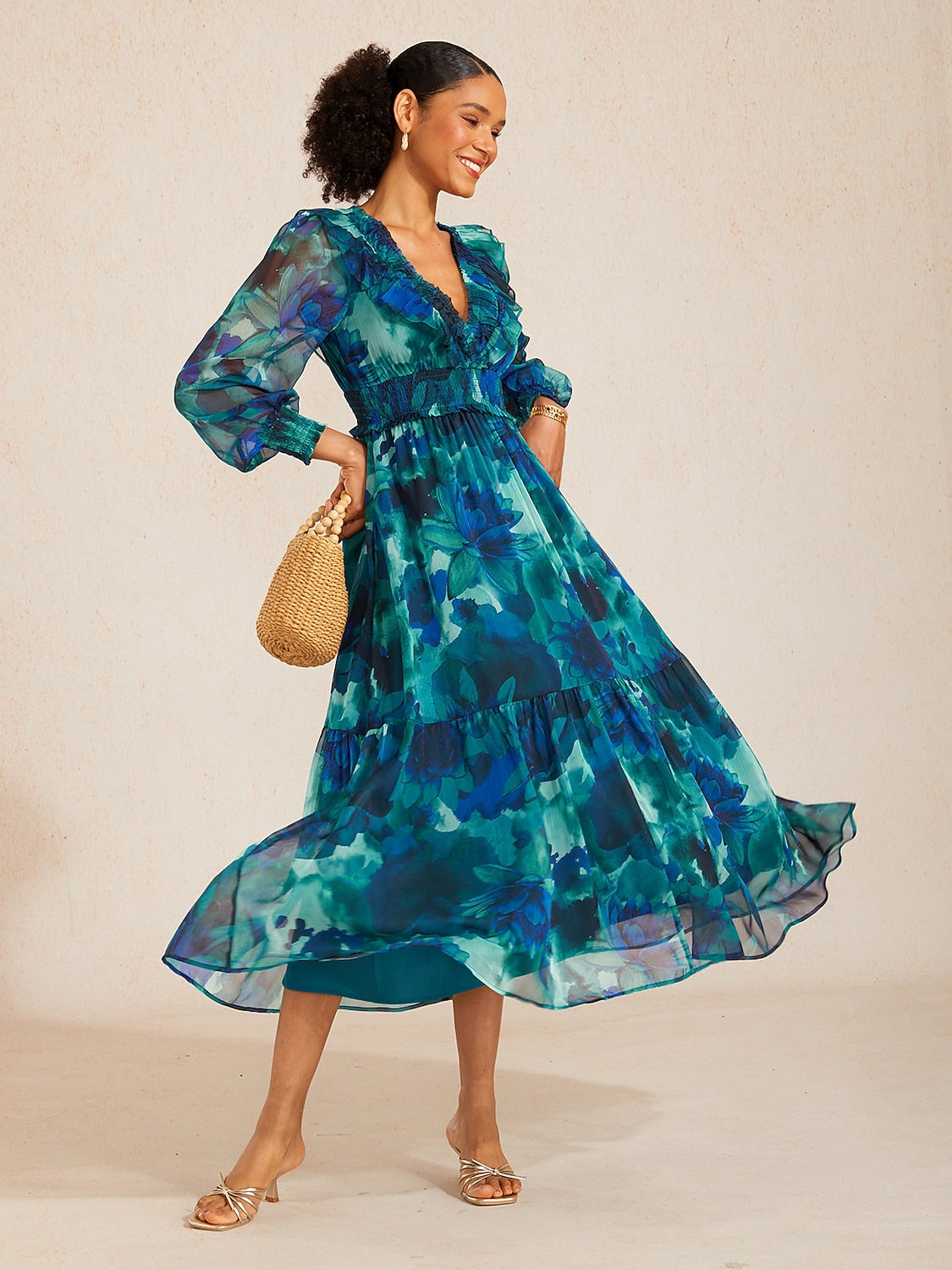 Floral Chiffon Tropical Flowers Puff Sleeve Maxi Dress – ADOR