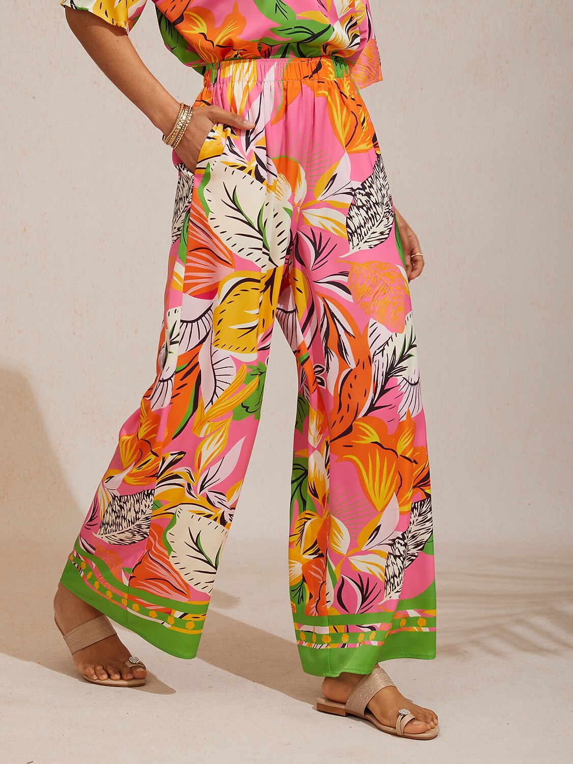 Azure Leaves Silky Satin Wide Leg Pants