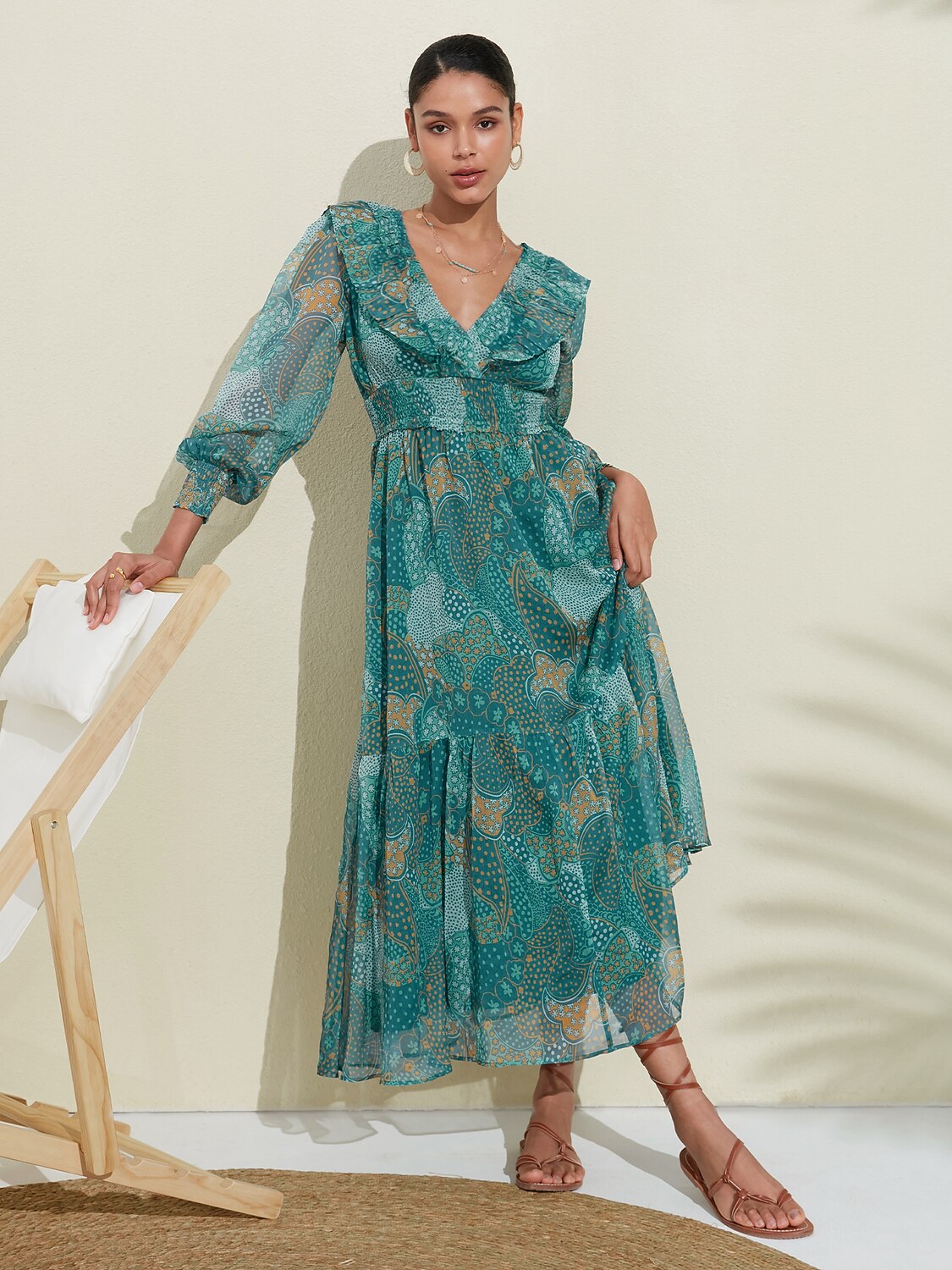 Floral Chiffon Tropical Flowers Puff Sleeve Maxi Dress, Green / L